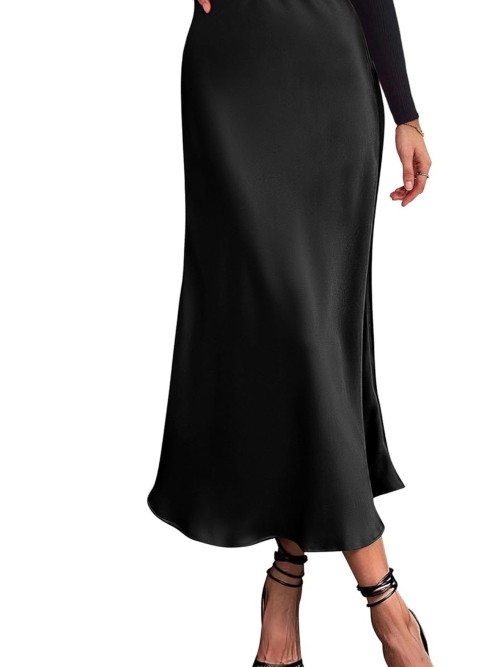 Amazon Black Satin Midi Skirt - Sleek Slip Silhouette